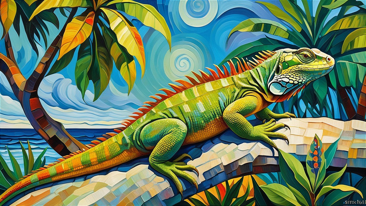 Colorful Iguana Painting in Tropical Setting