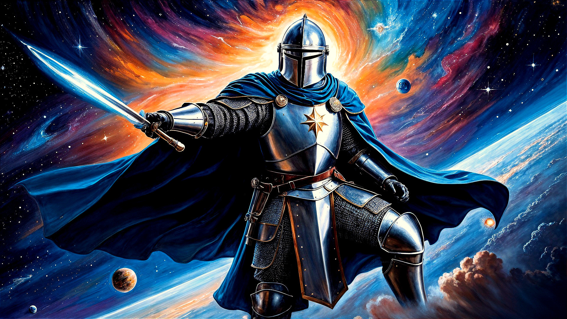 Futuristic knight in space with glowing sword and armor