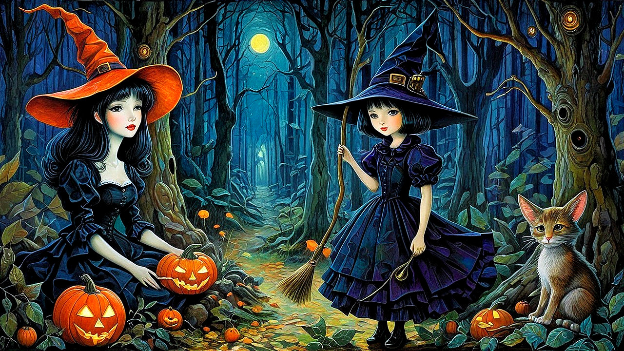 Witches in a Mystical Forest with Glowing Pumpkins