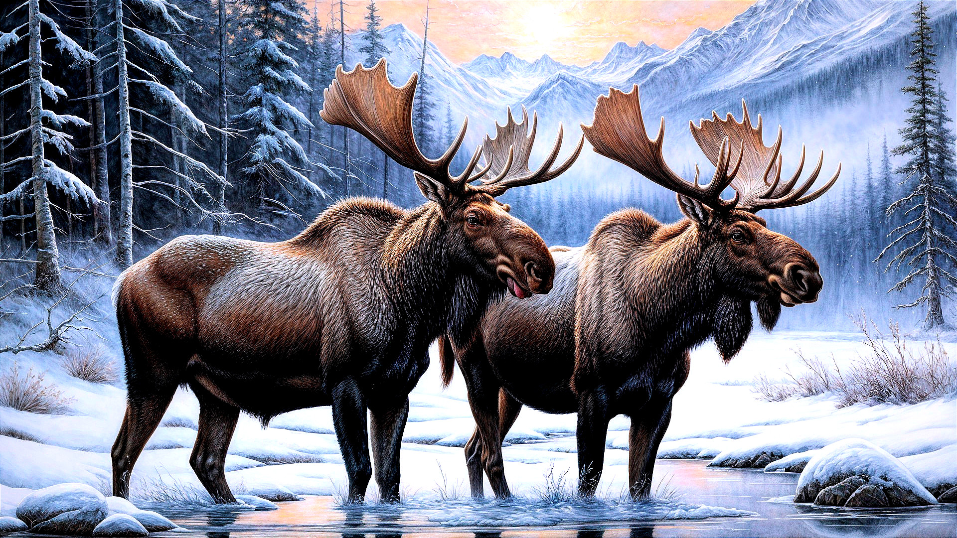 Moose in a Serene Winter Landscape with Mountains