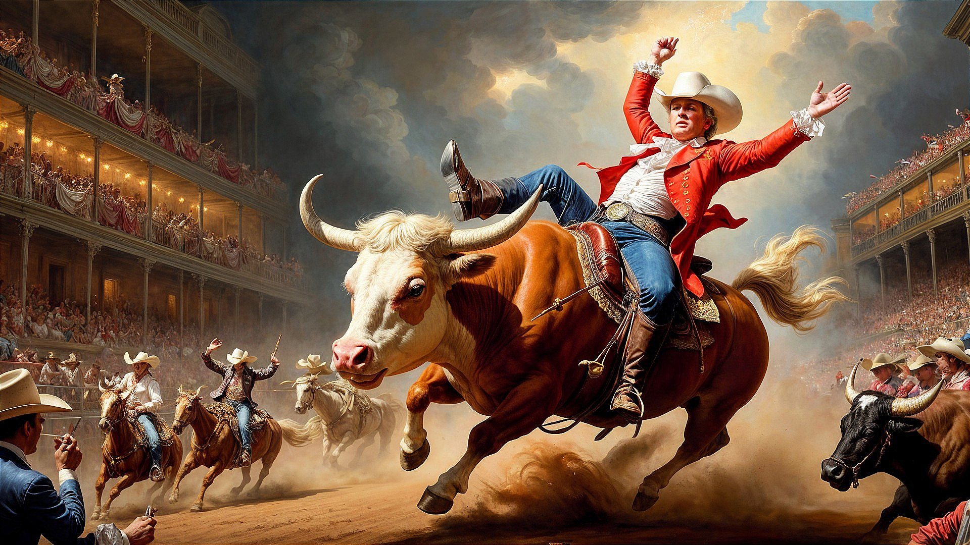 Vibrant Rodeo Scene with Cowboy Riding Bucking Bull