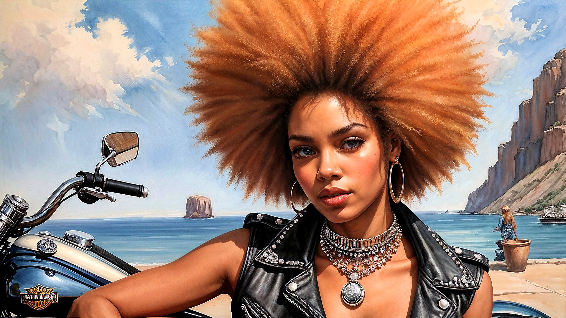 Confident Woman with Afro Poses at Scenic Beach