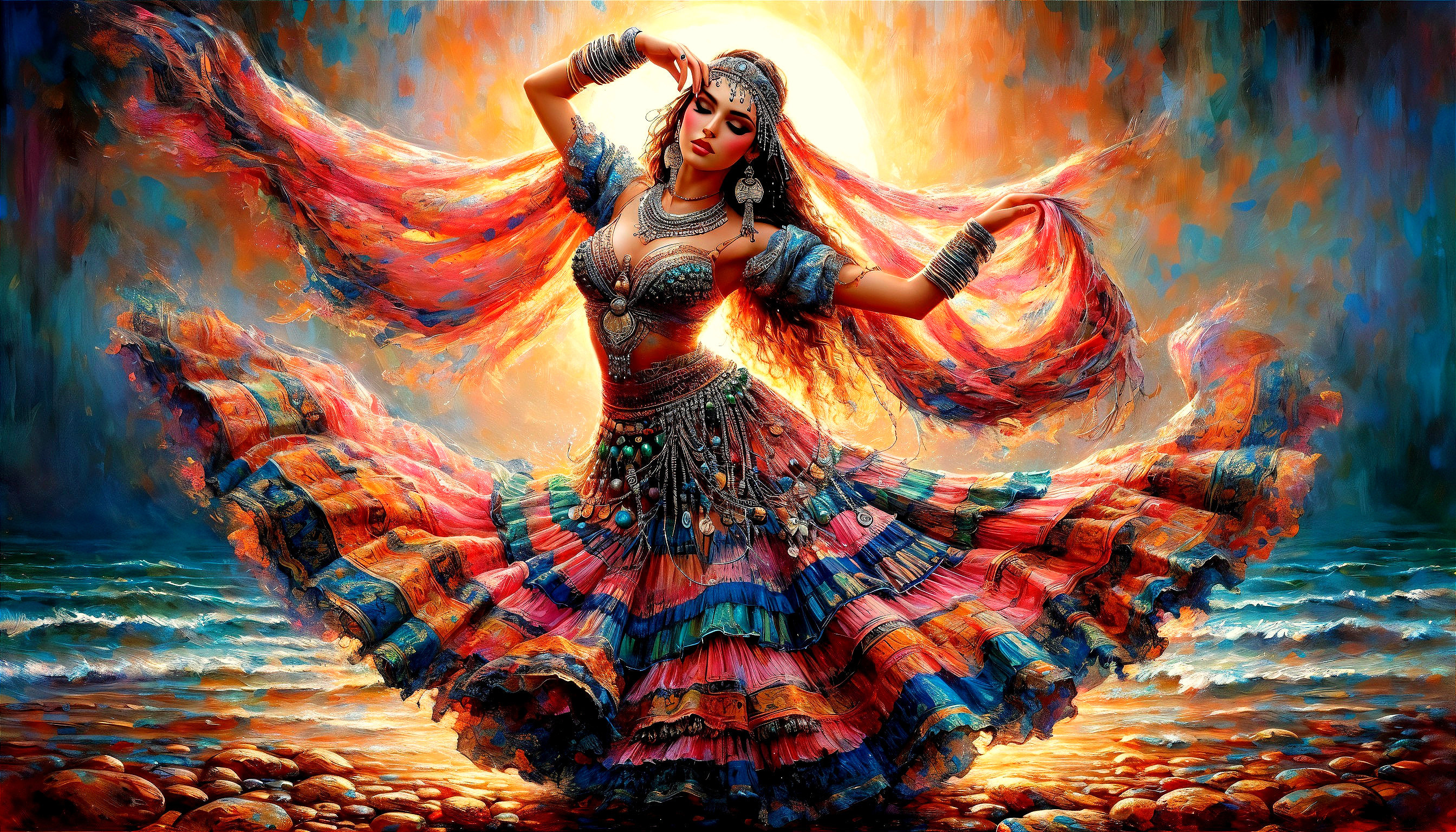 Dancer in Colorful Dress with Sunset Background