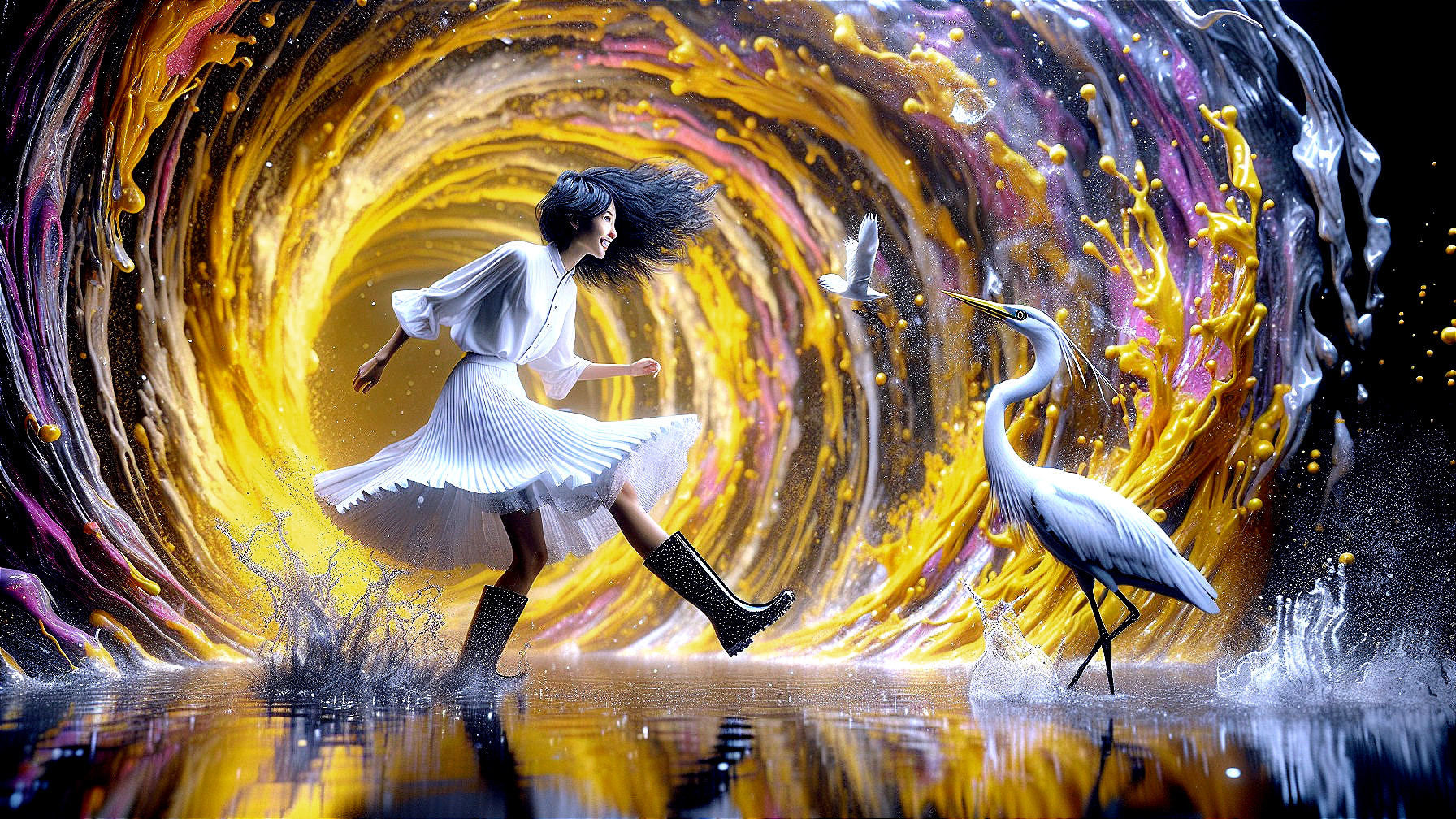 Young woman in white dress runs through colorful portal
