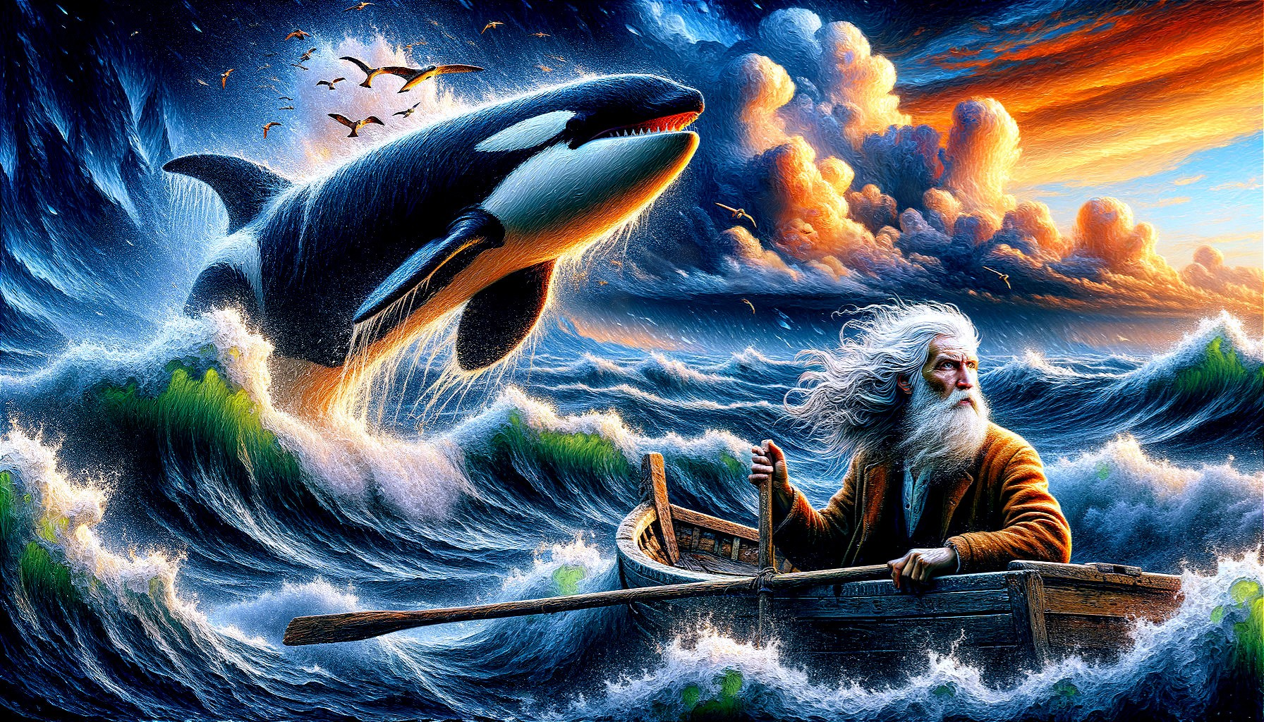 Elderly Man Rows Boat with Orca under Dramatic Sky