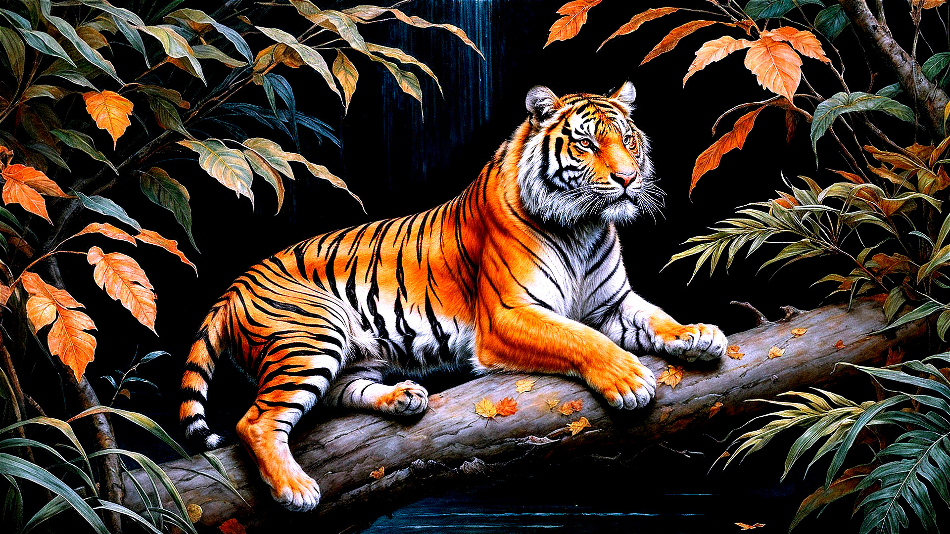 Tiger on Log Surrounded by Jungle Foliage and Leaves