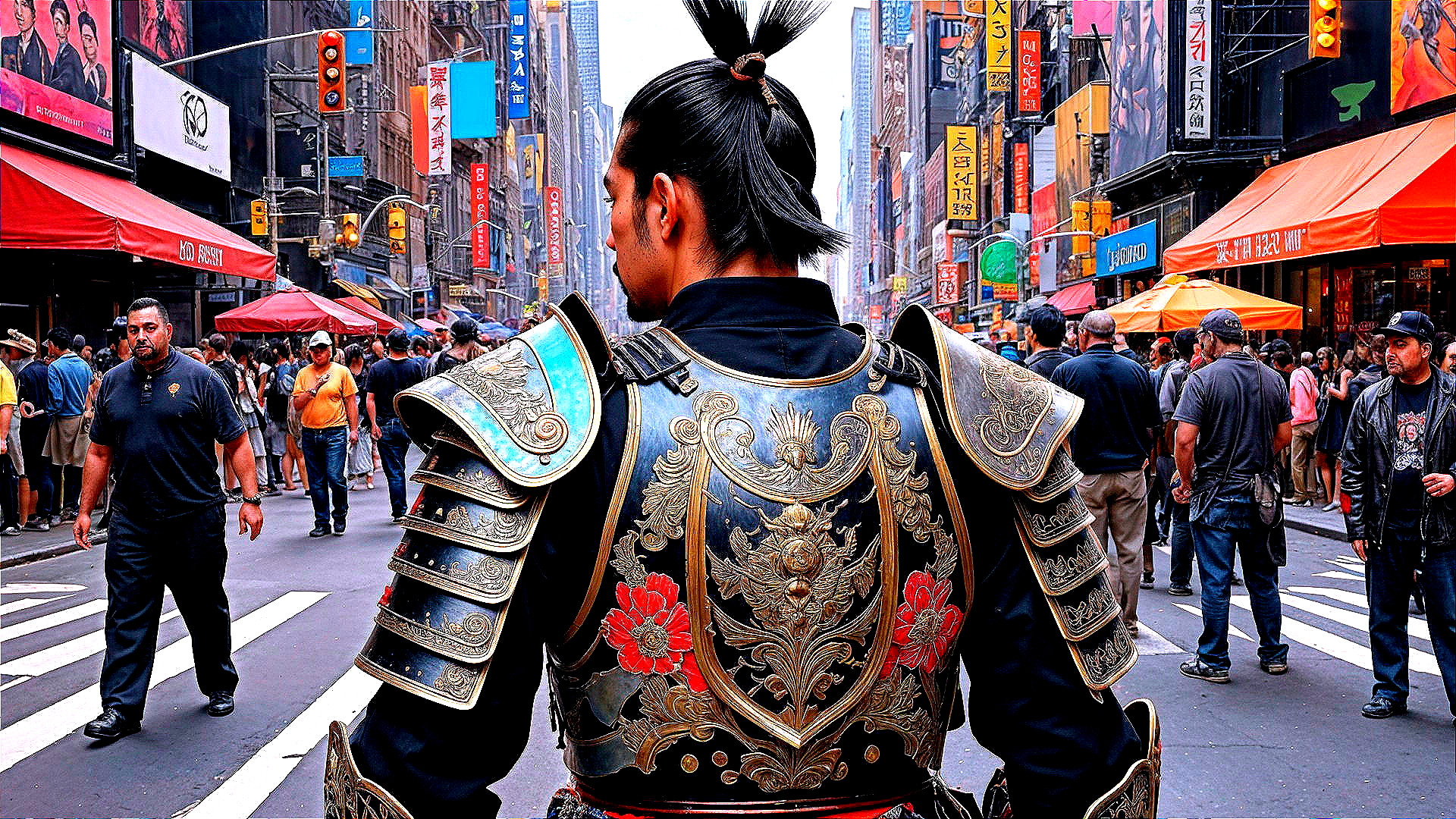 Samurai in Ornate Armor Amidst Times Square's Hustle