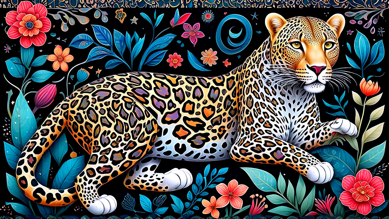 Vibrant Artwork of Leopard in Lush Jungle Setting