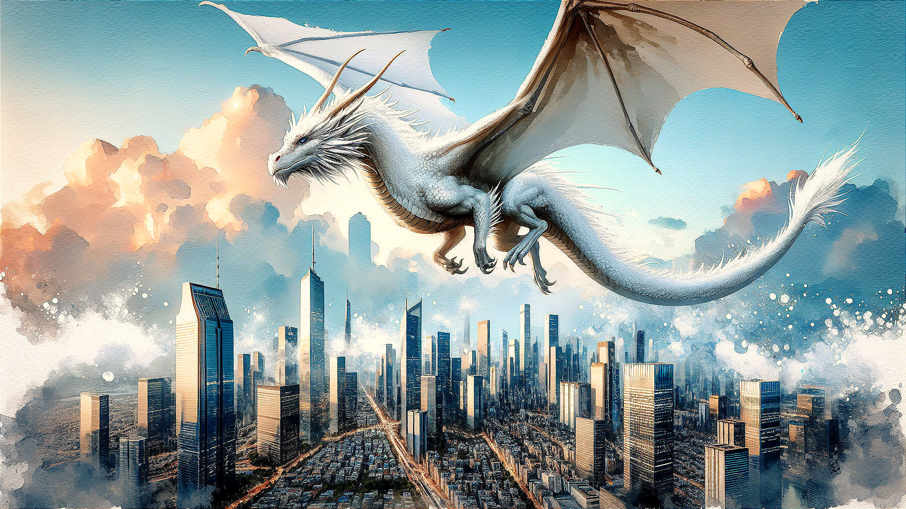 White Dragon Soaring Over Modern Cityscape
