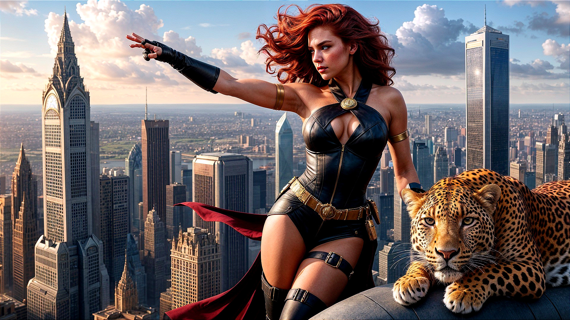 Superheroine on Skyscraper with Leopard in Cityscape