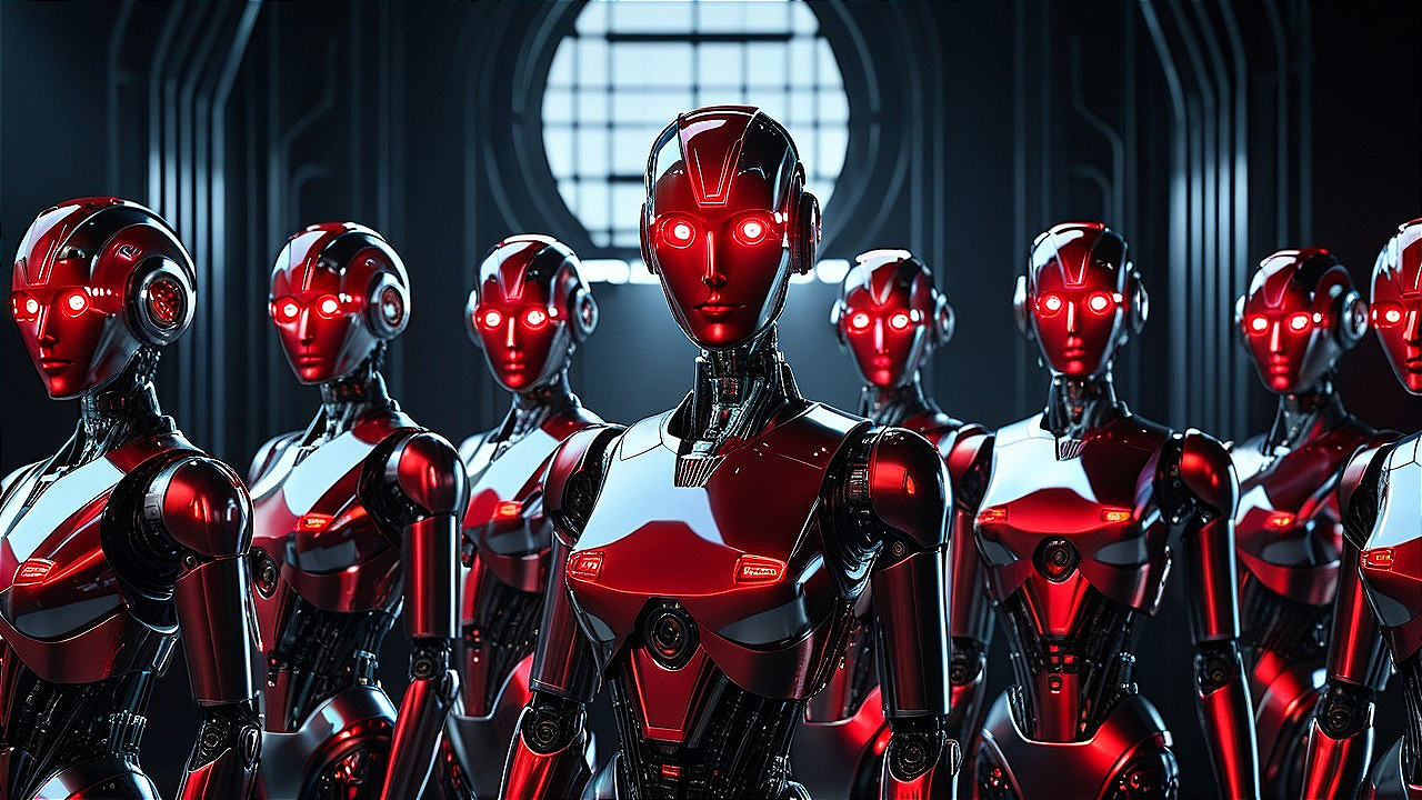 Futuristic robots in a dimly lit industrial setting