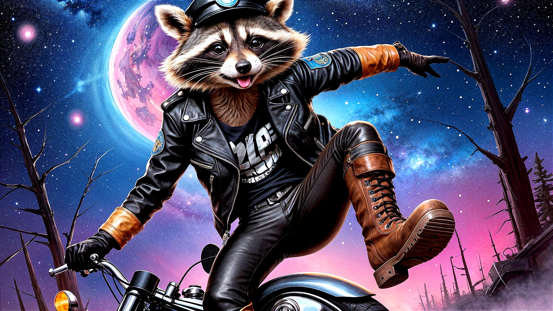 Raccoon in Leather Jacket Riding Classic Motorcycle