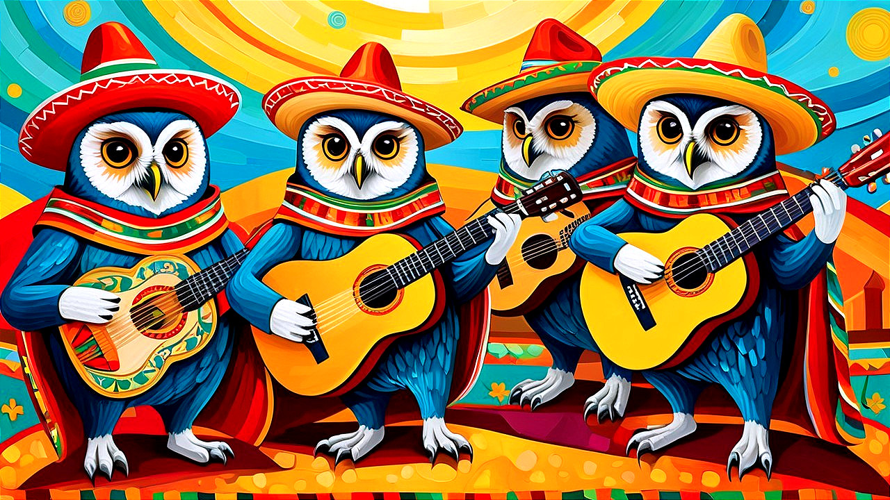Colorful Owls in Sombreros Playing Guitars in Landscape