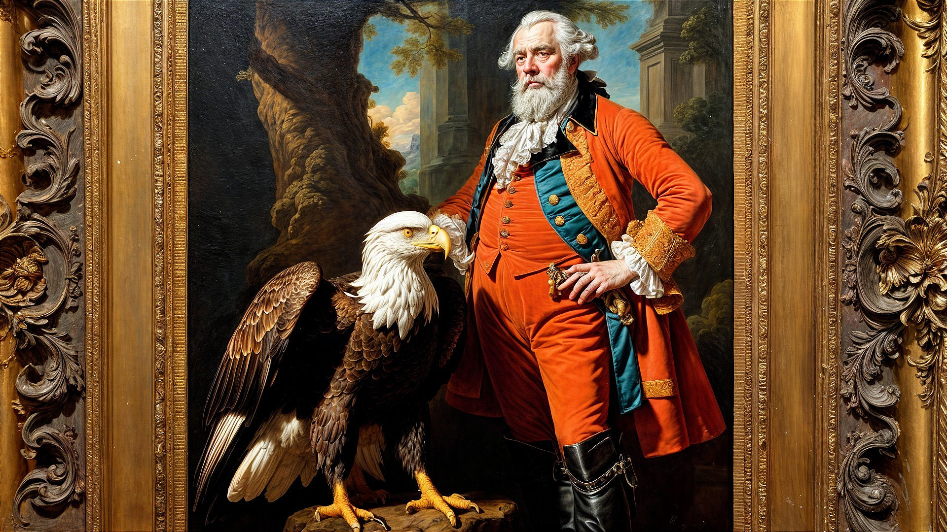 Regal Man in Orange Coat with Bald Eagle in Landscape