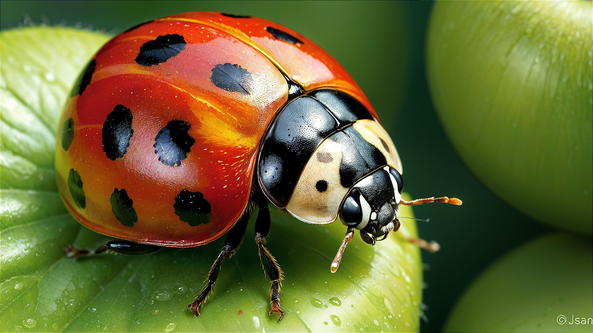 Close-up of a ladybug on a green leaf with water droplets