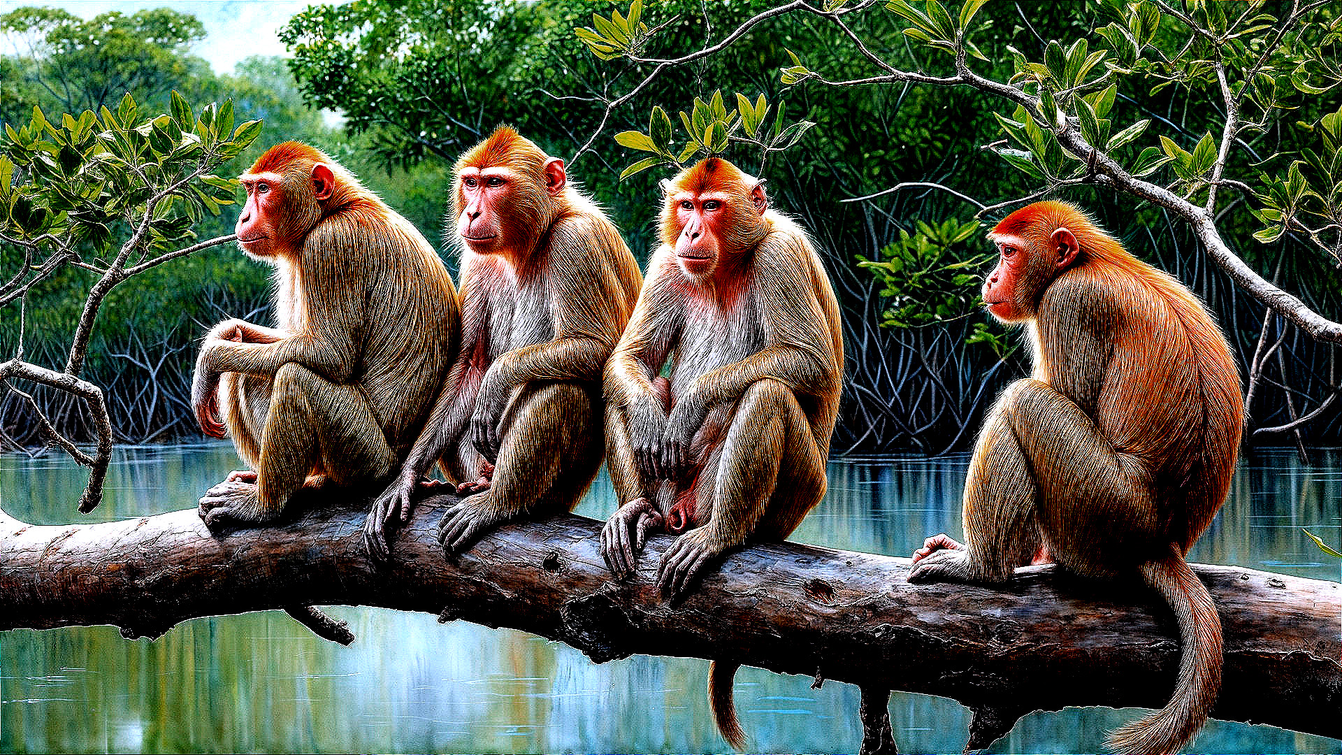 Monkeys on a log in a serene natural setting
