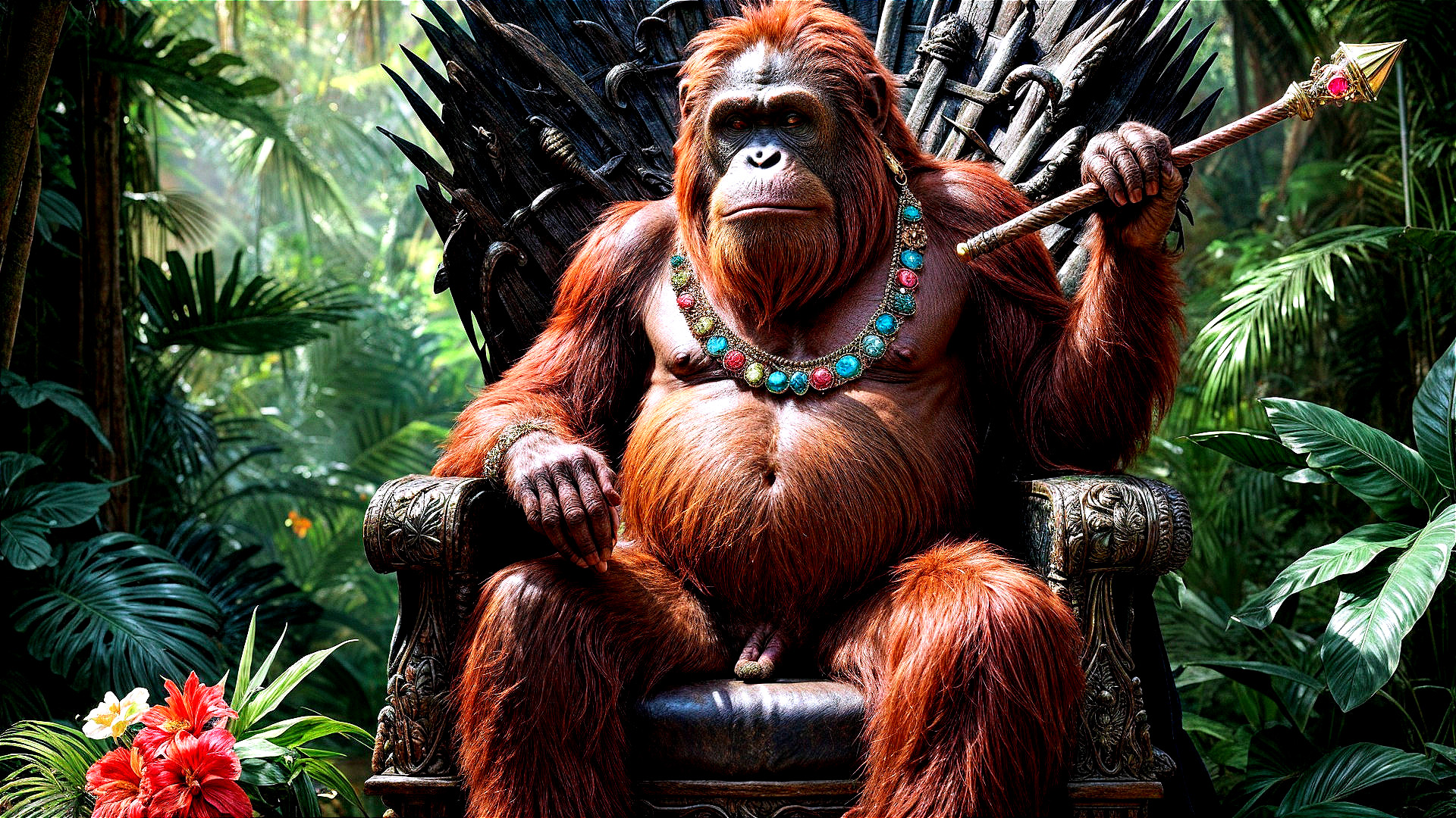 Majestic orangutan on throne in vibrant jungle setting