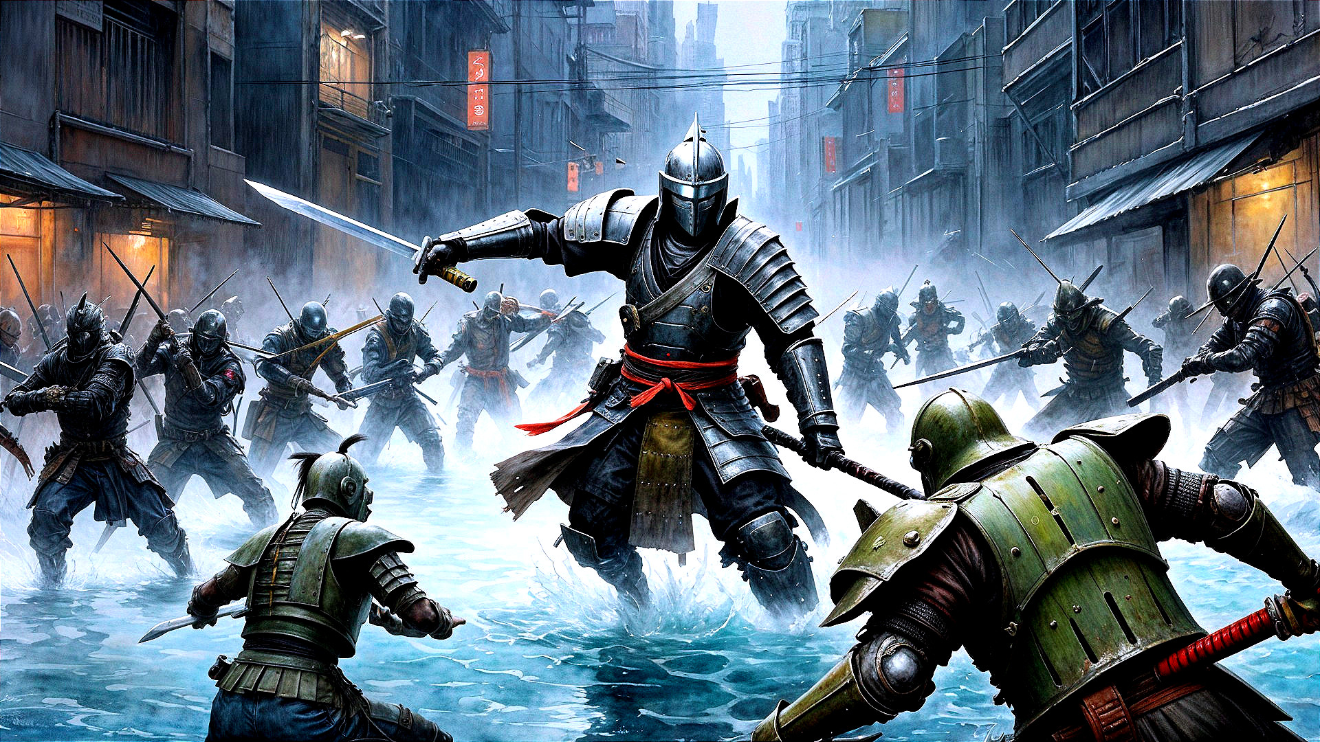 Knight in Armor Faces Adversaries in Misty Street