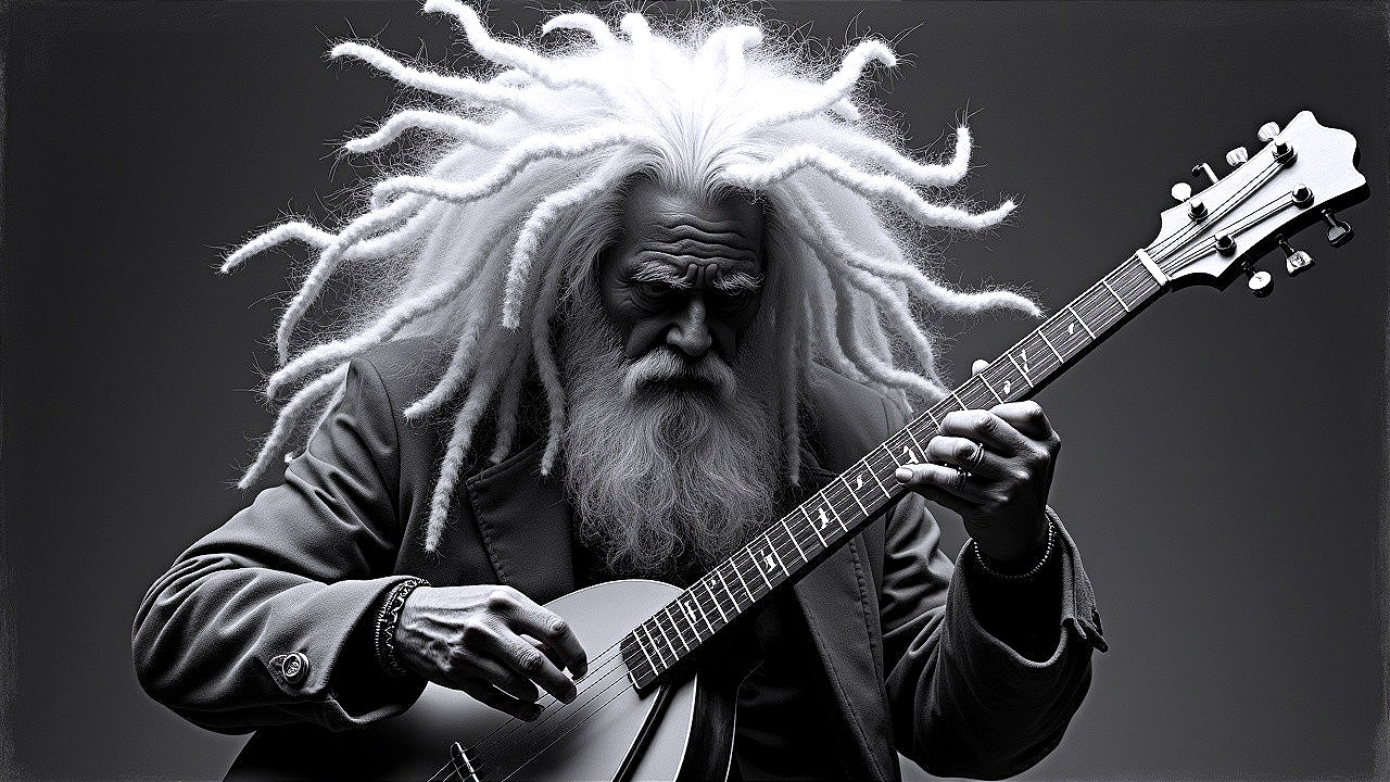 Figure with White Hair Playing Guitar in Dark Suit
