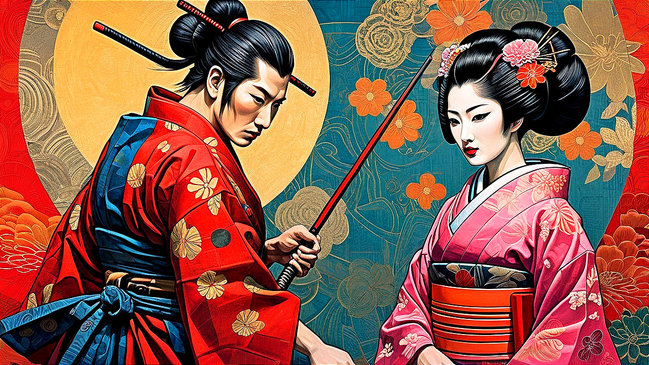 Samurai and Geisha in Traditional Attire with Gold Background