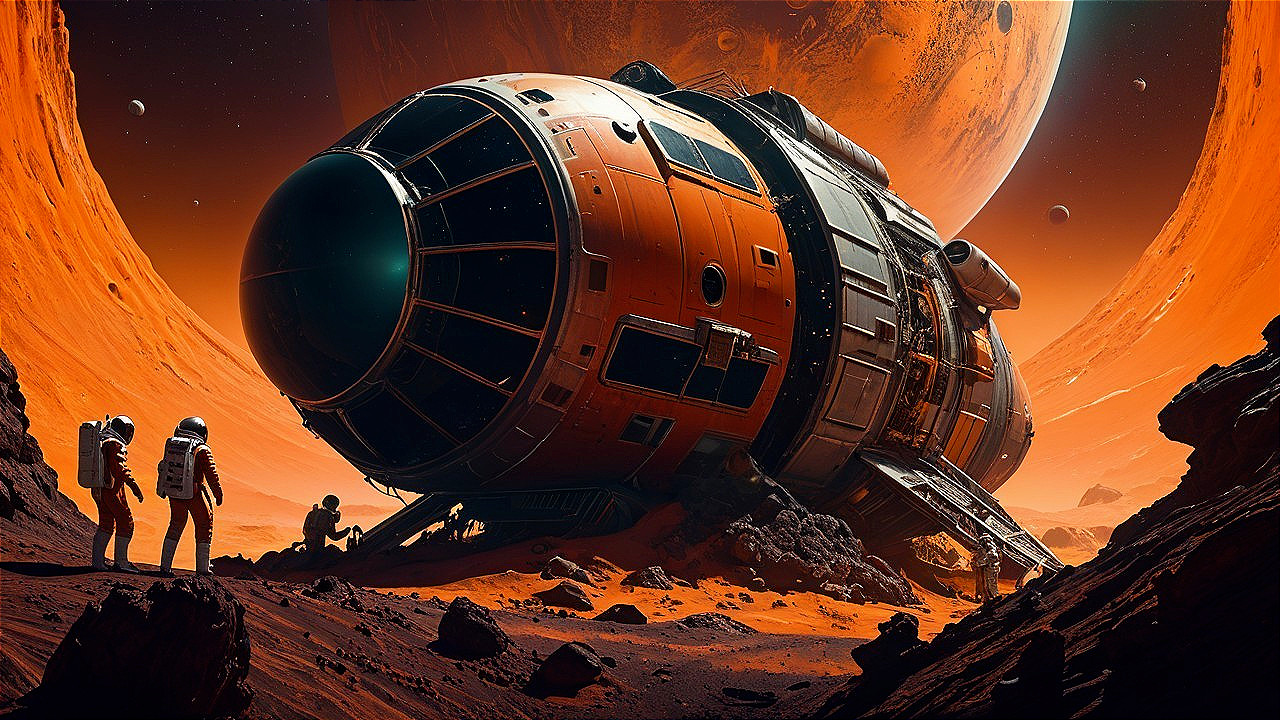 Futuristic spacecraft on barren reddish landscape with astronauts