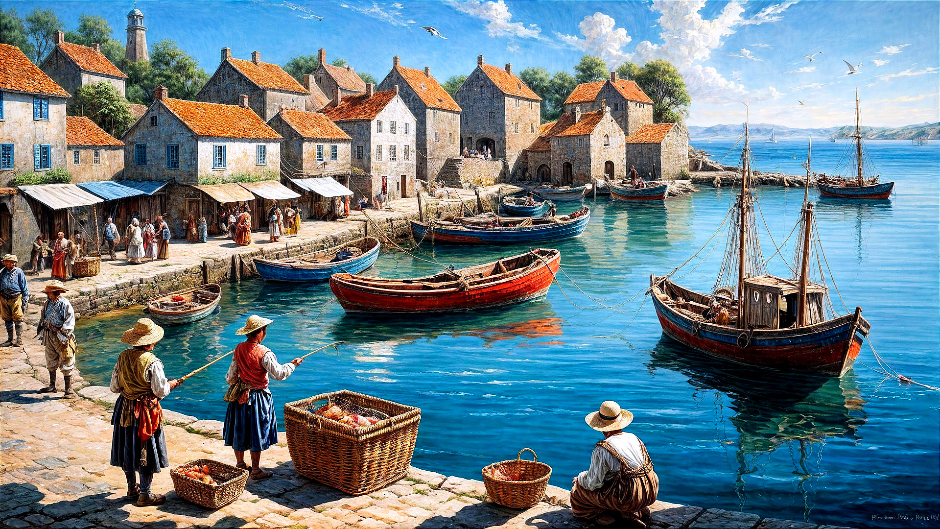 Coastal Village with Stone Buildings and Vibrant Houses