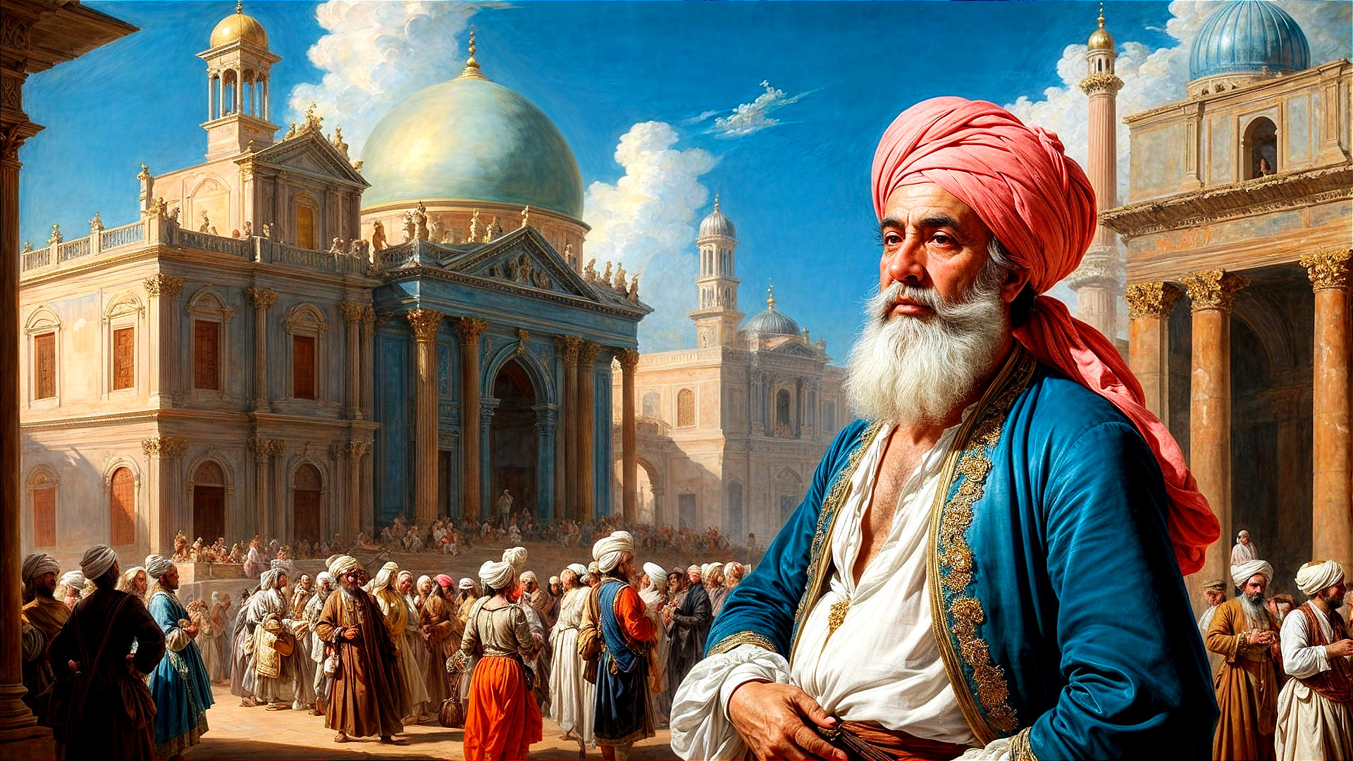 Elderly Man in Traditional Attire Amidst Cultural Scene