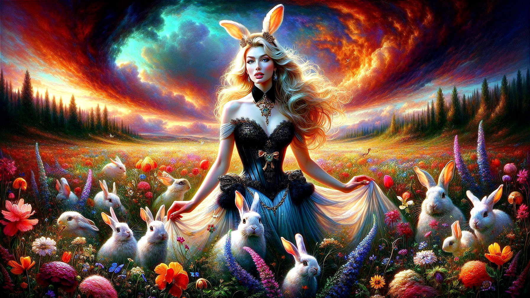 Woman with Bunny Ears in Colorful Flower Meadow