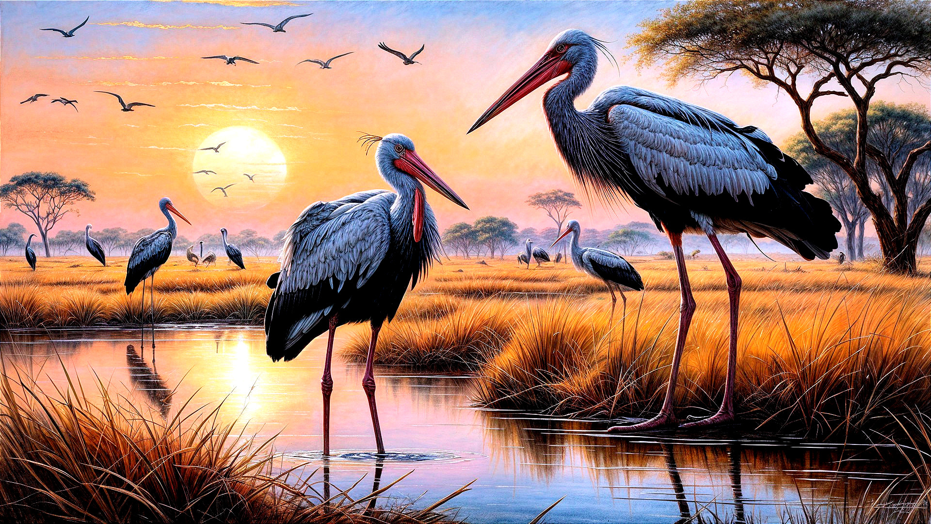 Serene Sunset Over Wetland with Storks and Wildlife