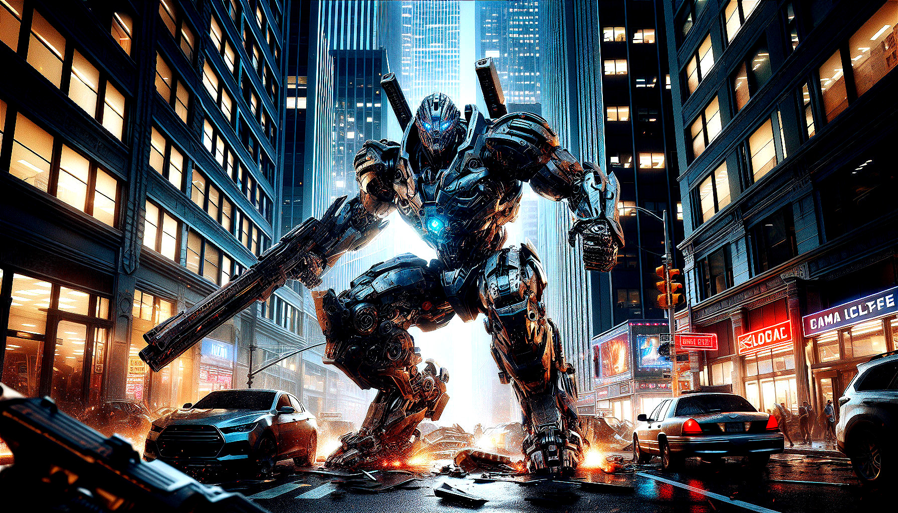 Futuristic Robot in Bustling Cityscape with Debris