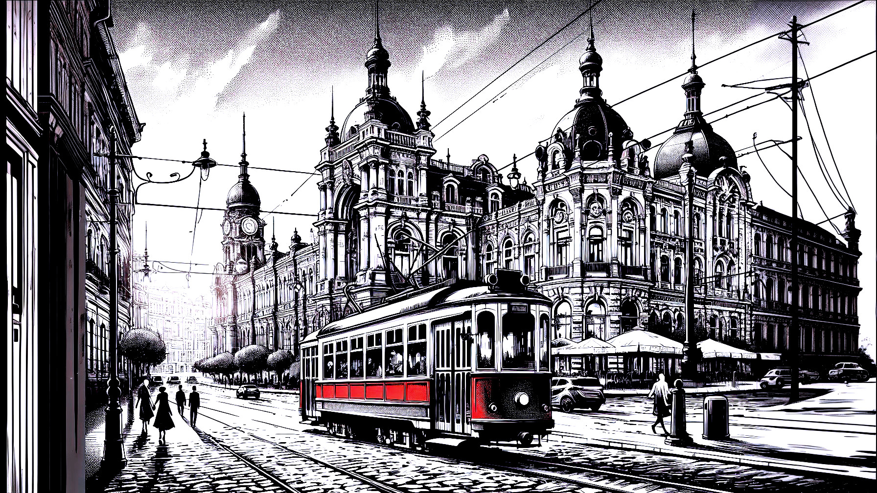 Vintage Tram on Cobblestone Street in Monochrome