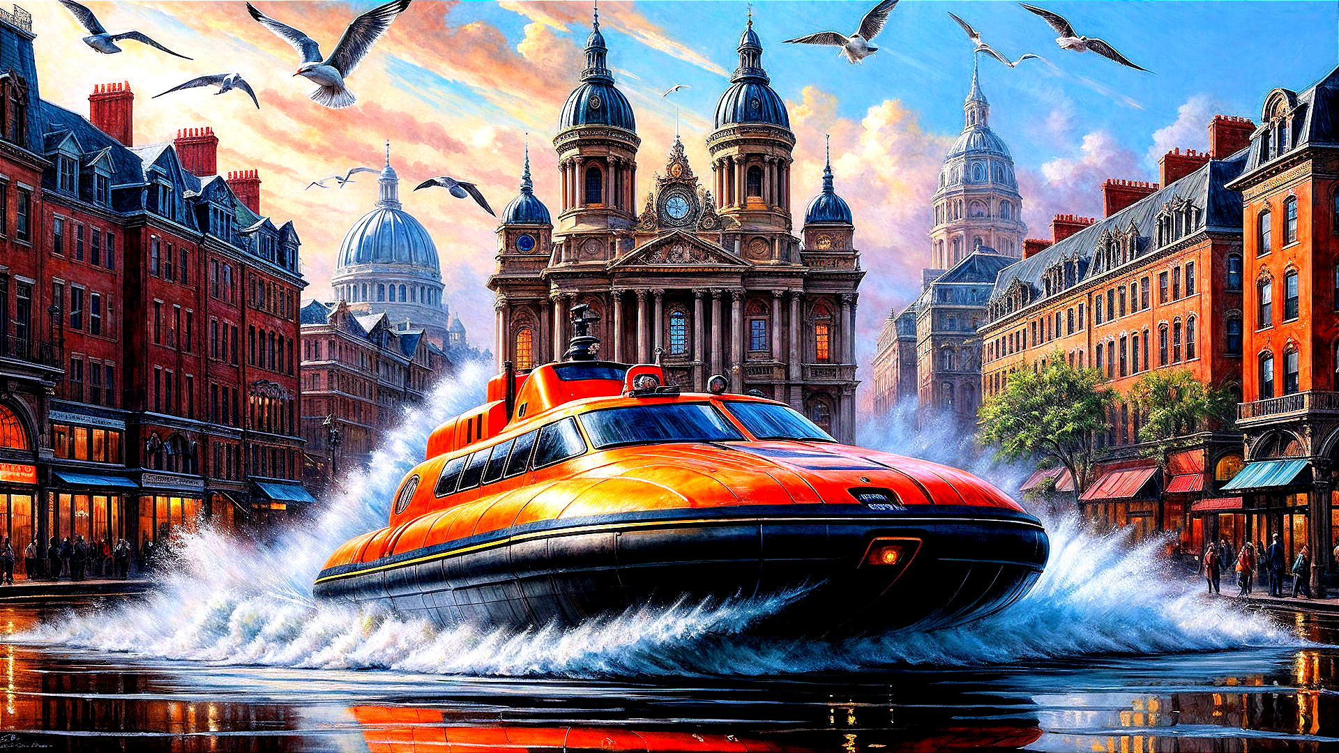 Orange Hovercraft in Sunset Over Historic Waterway