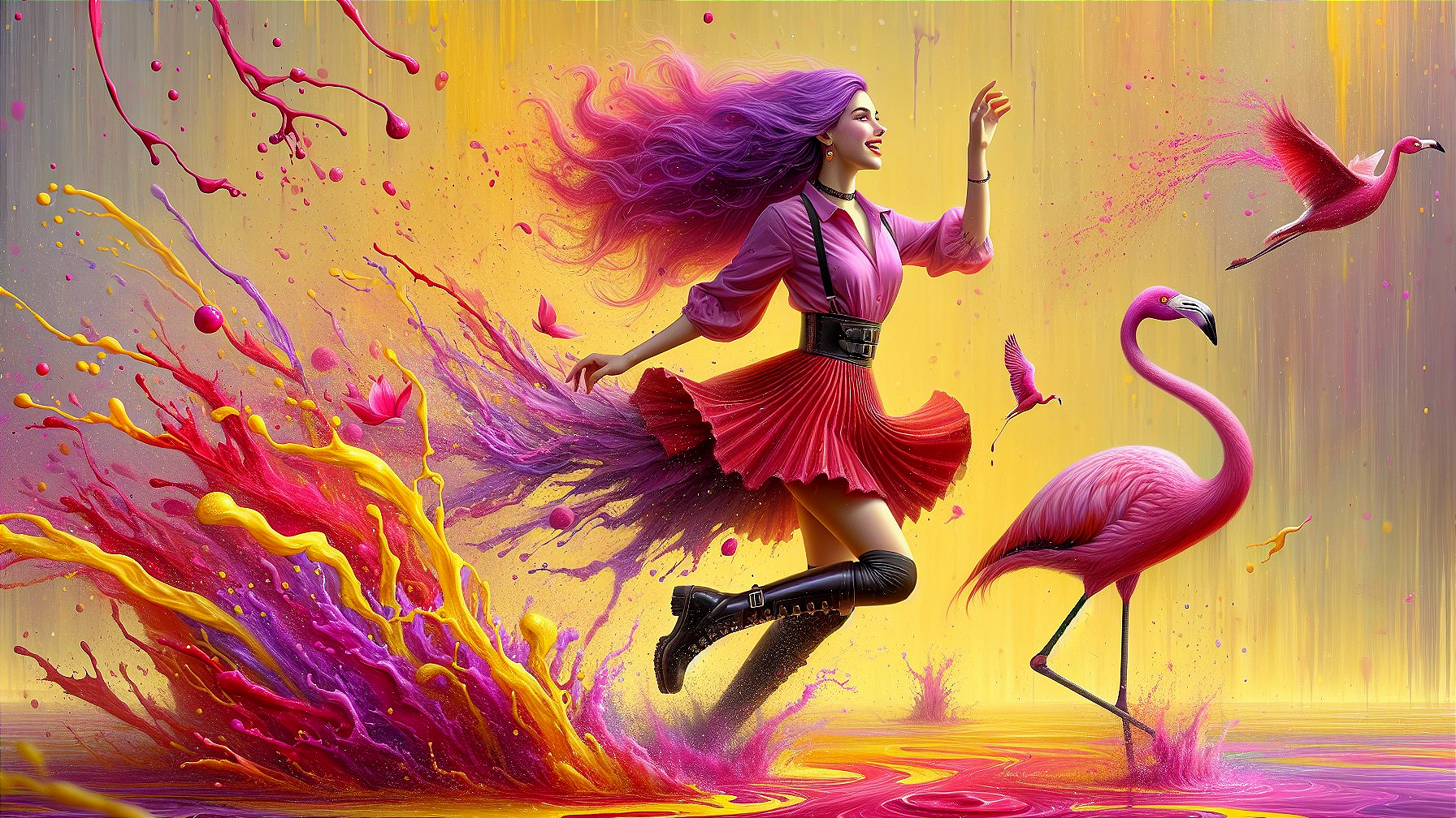 Vibrant scene of a woman with purple hair and flamingos