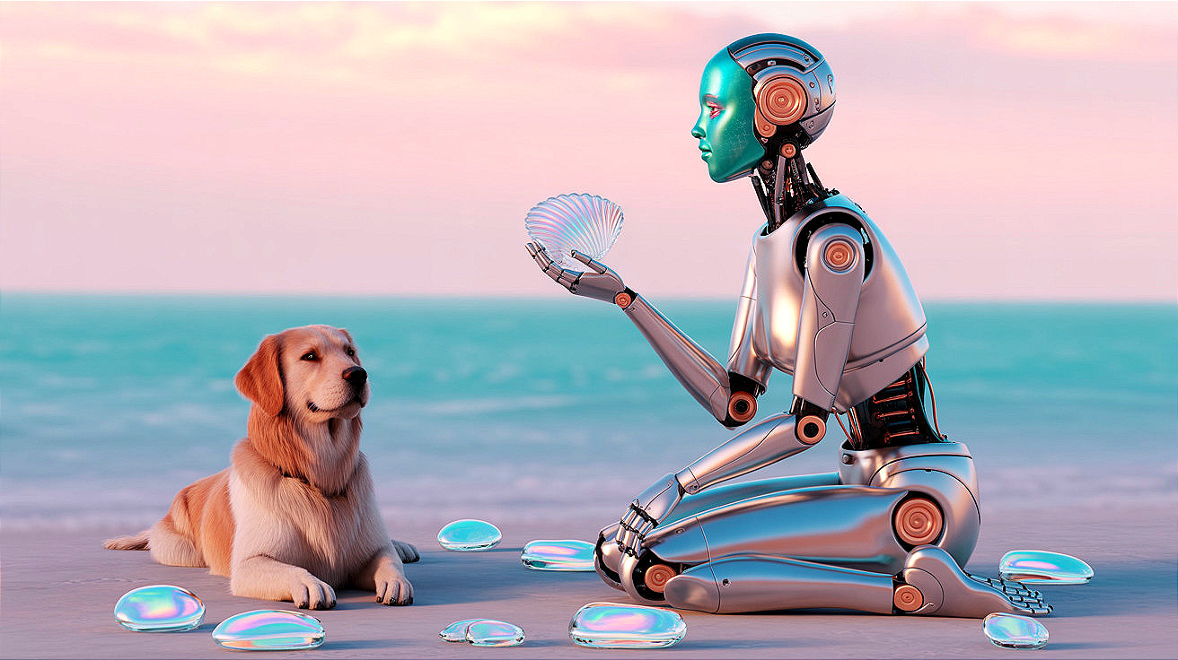 Futuristic beach scene with robot and golden retriever