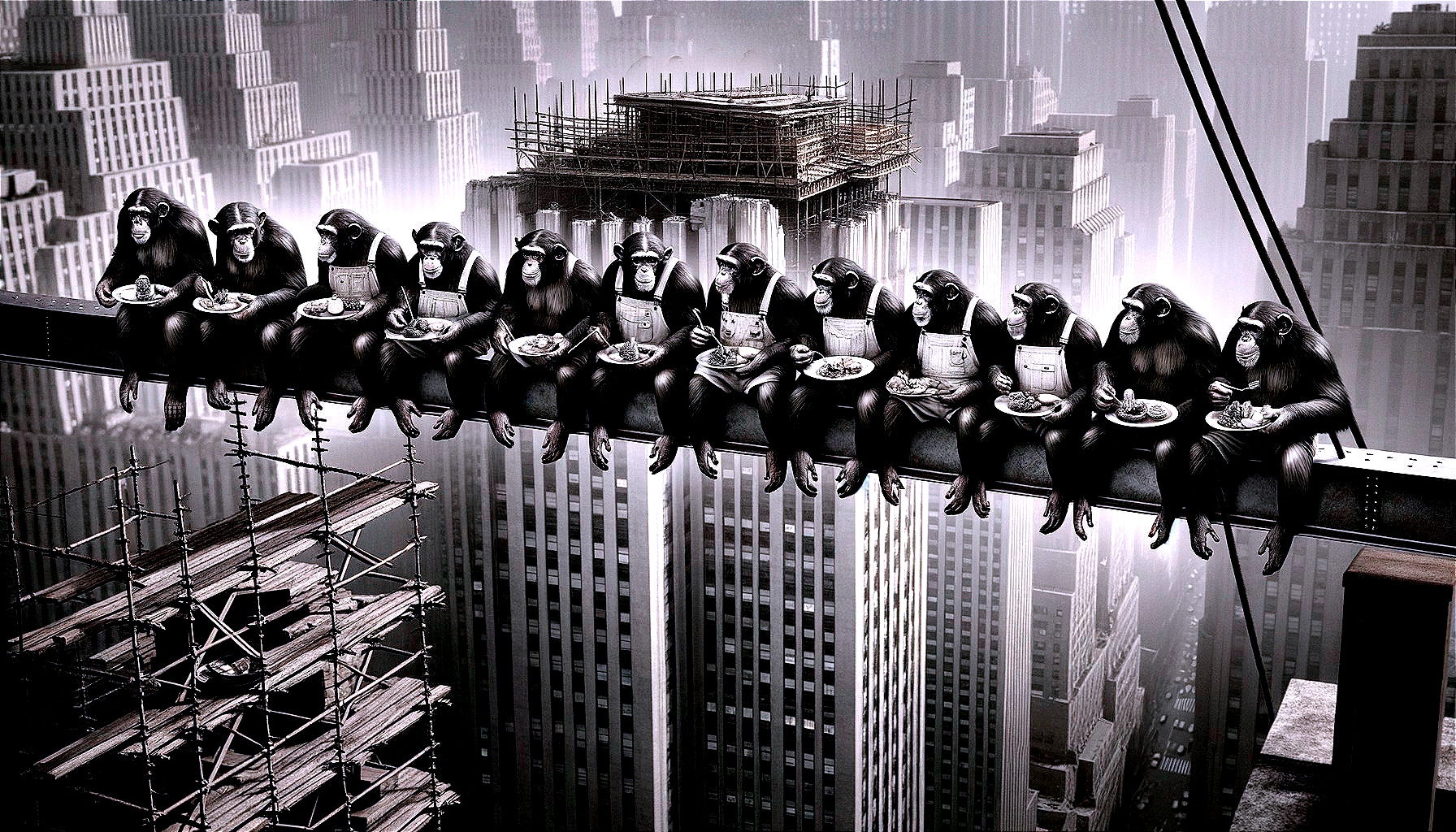 Twelve Chimps Lunching on Steel Beam Above Cityscape