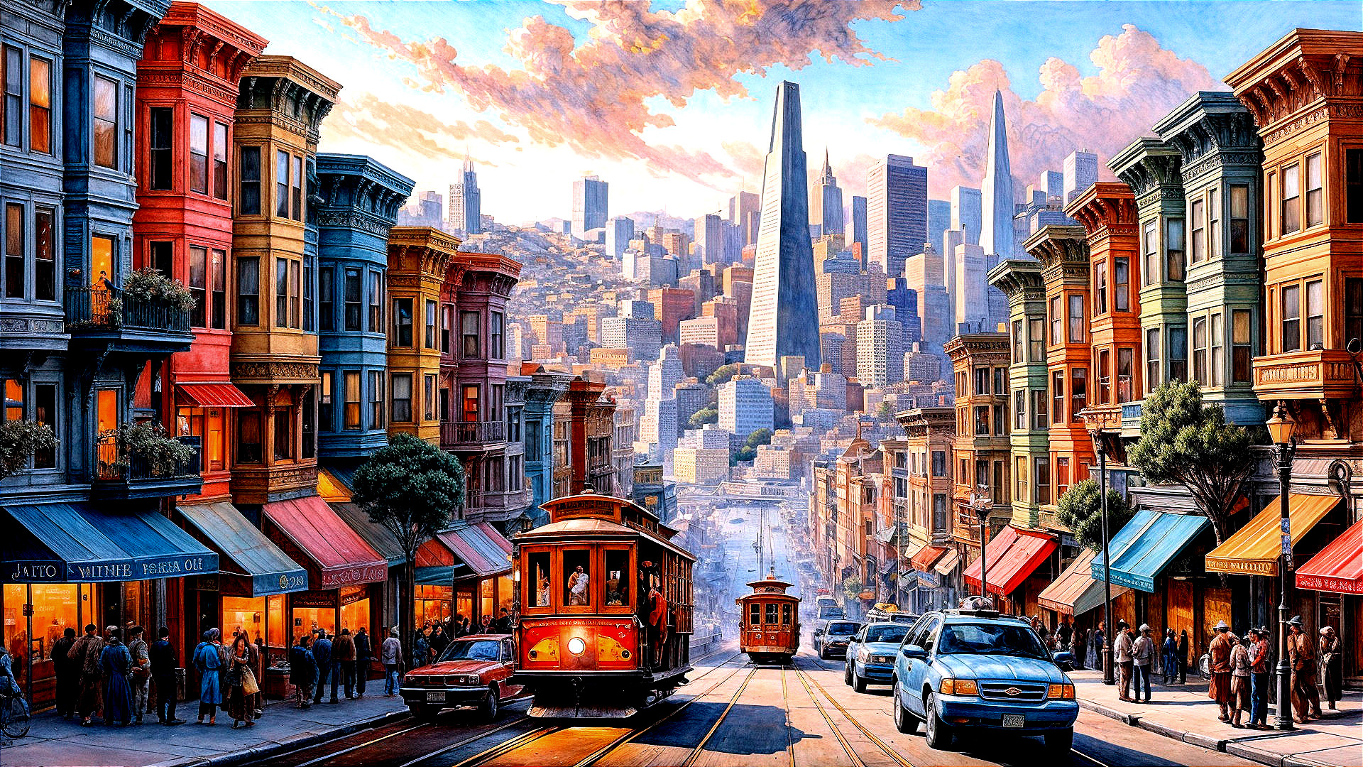 Vibrant Urban Scene with Victorian Buildings and Skyscrapers