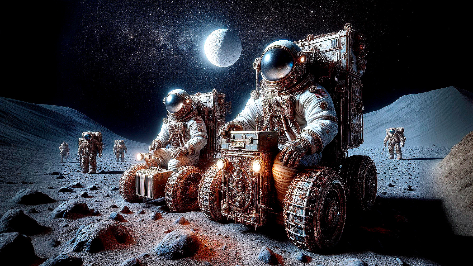 Futuristic Lunar Landscape with Astronauts and Rovers