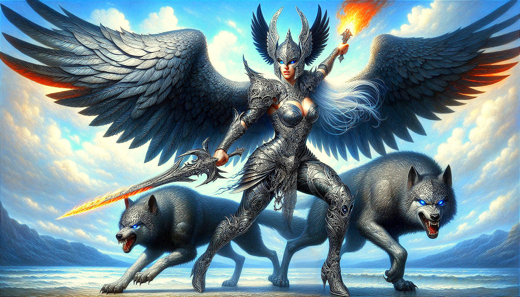 Warrior Woman in Silver Armor with Fiery Wolves