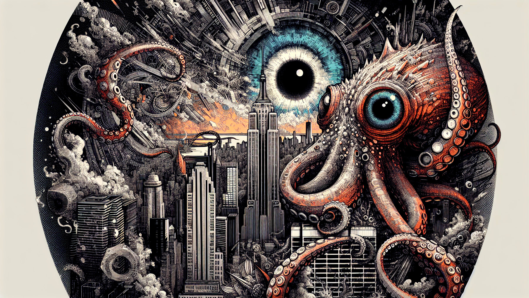 Surreal cityscape with skyscrapers and an octopus
