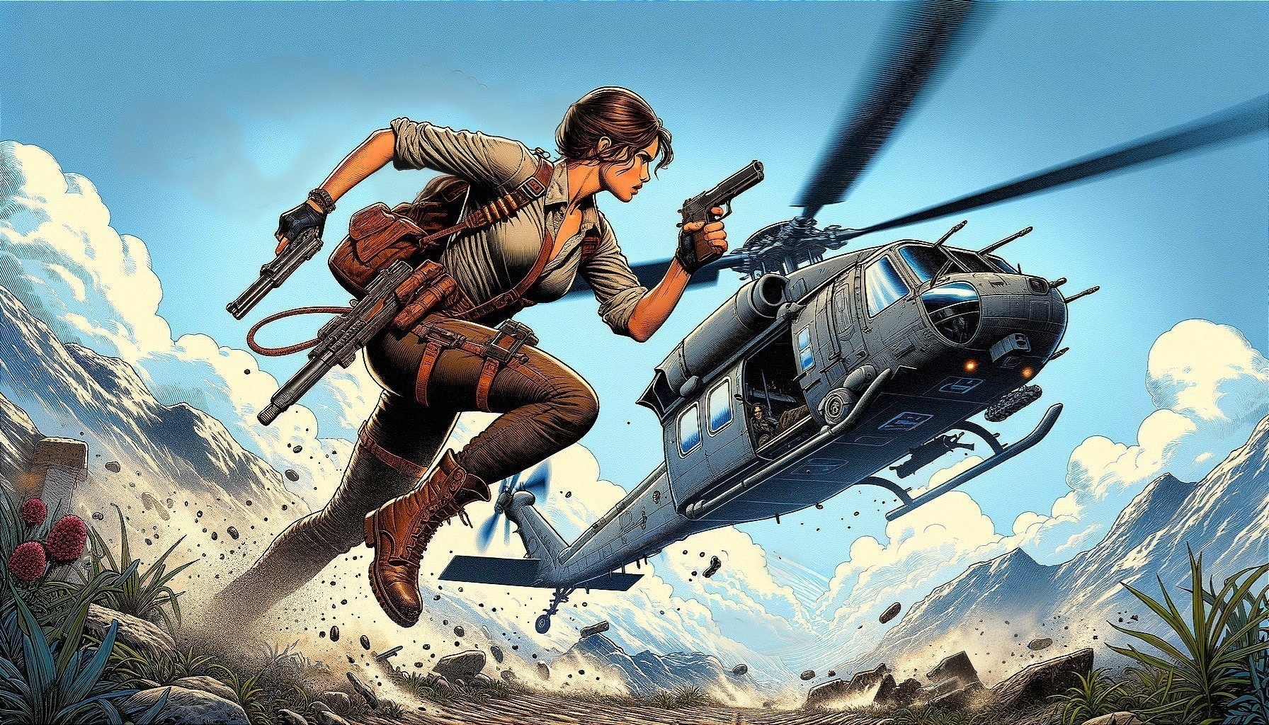 Female Adventurer in Rugged Terrain with Helicopter Chase