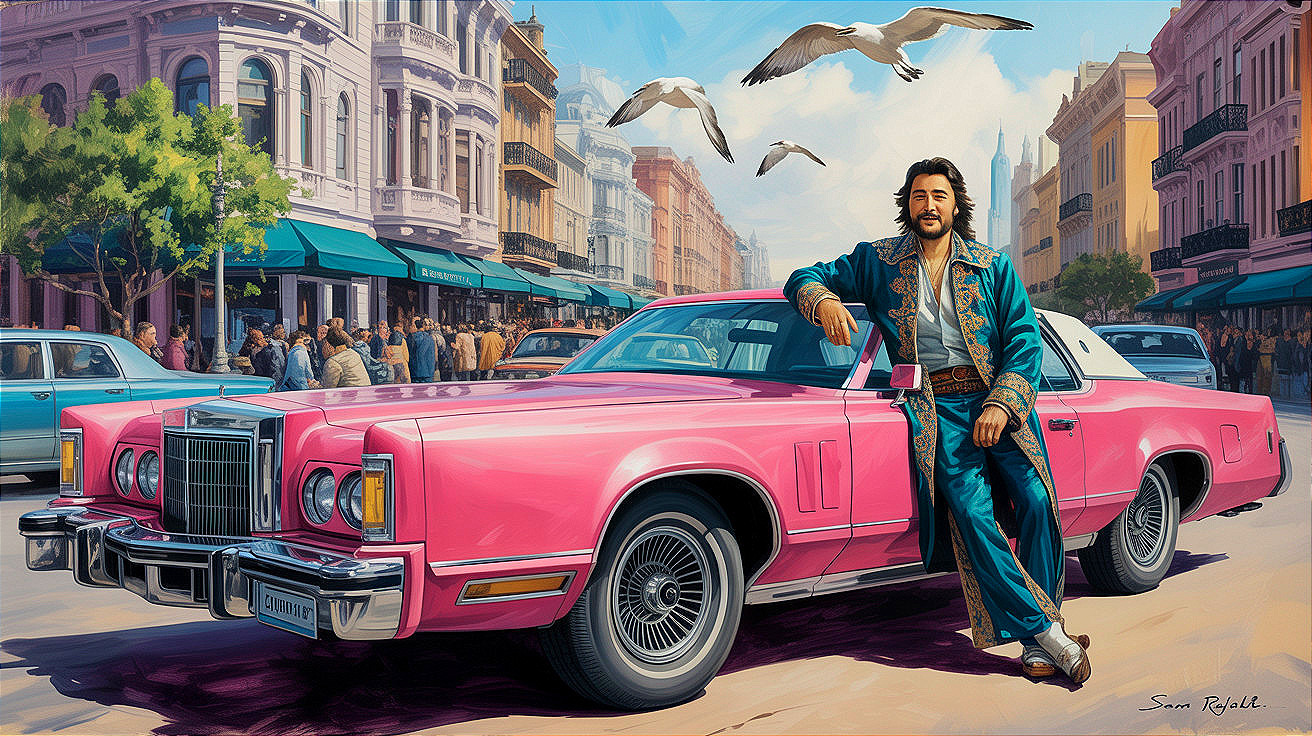 Vibrant Scene of Man by Classic Car on Busy Street