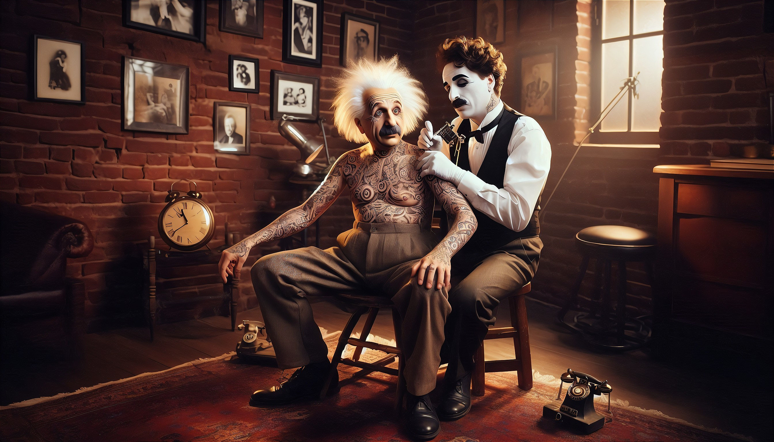 Vintage Room with Tattooed Figure and Silent Film Attire