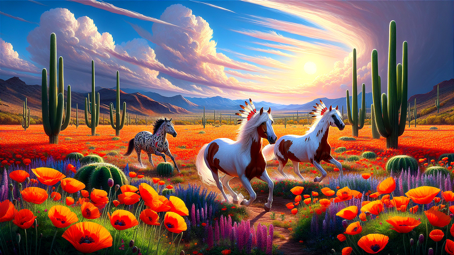 Majestic Horses in Vibrant Flower Landscape at Sunset