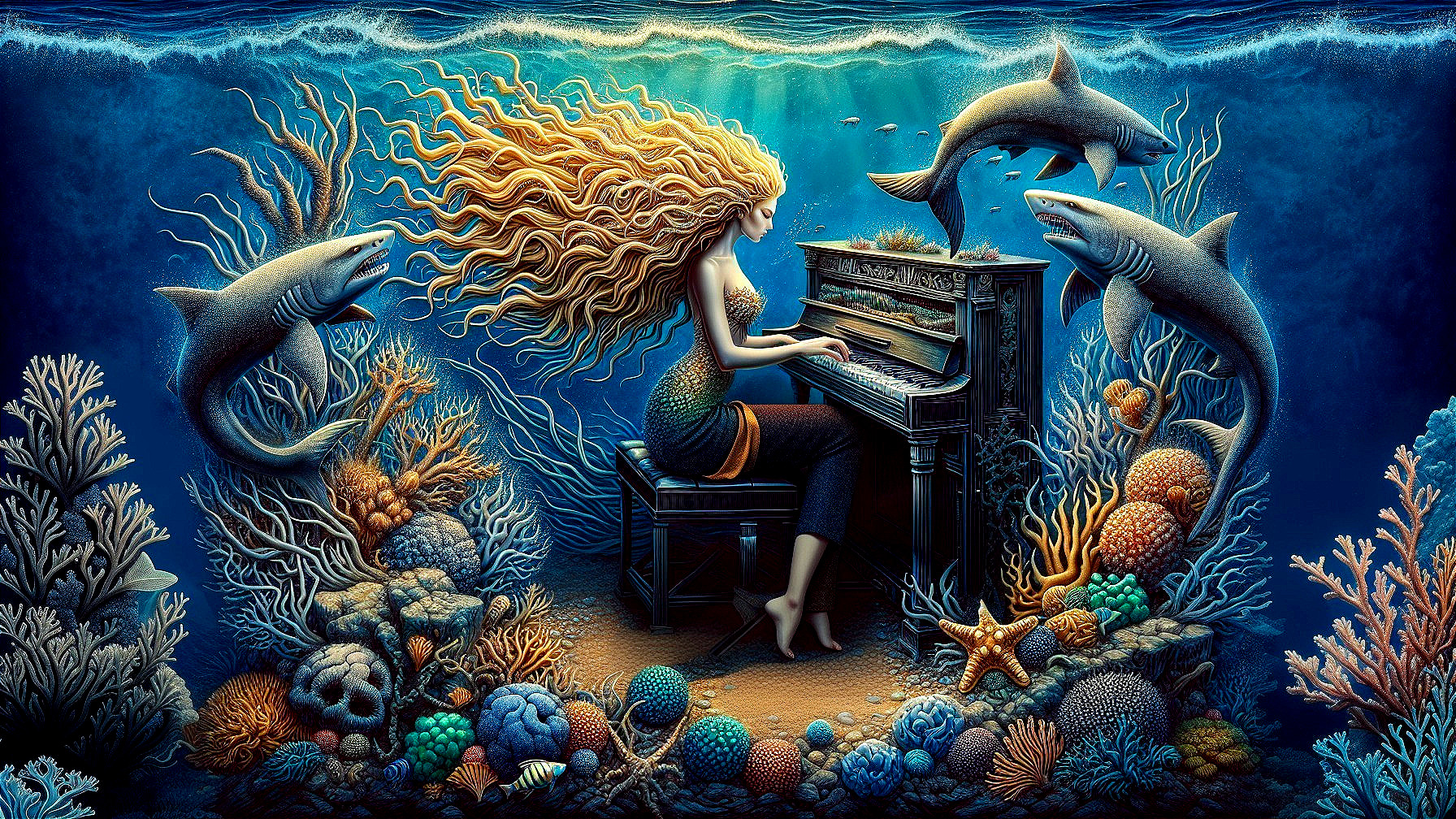 Underwater Scene of Mermaid Playing Piano with Sharks