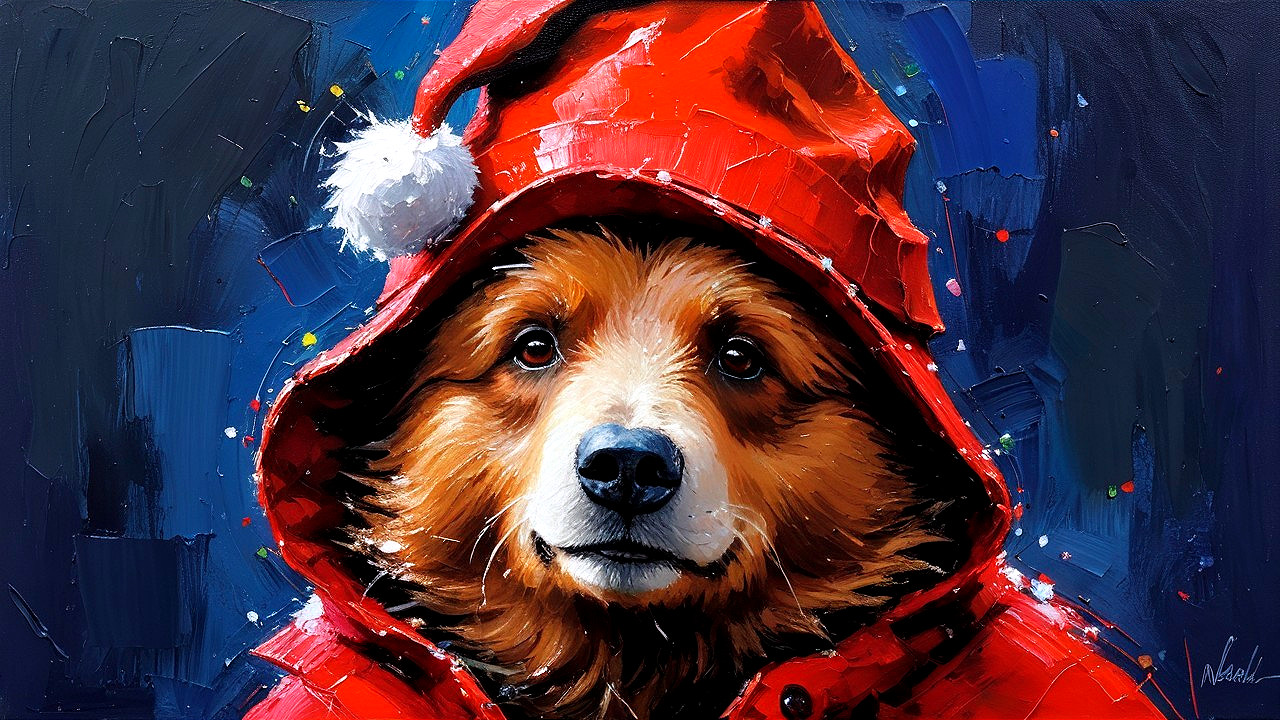 Golden retriever in red jacket with festive background