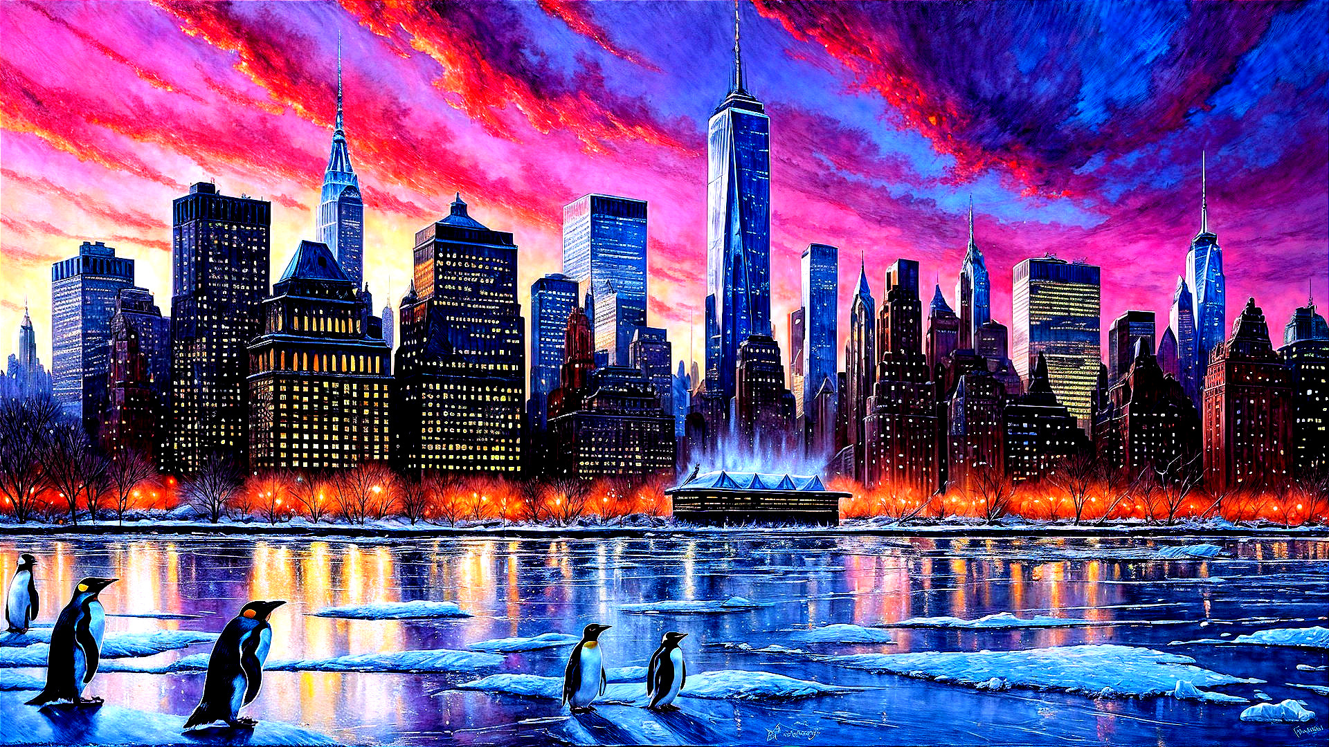 Winter Evening Cityscape with Penguins and Sunset Sky