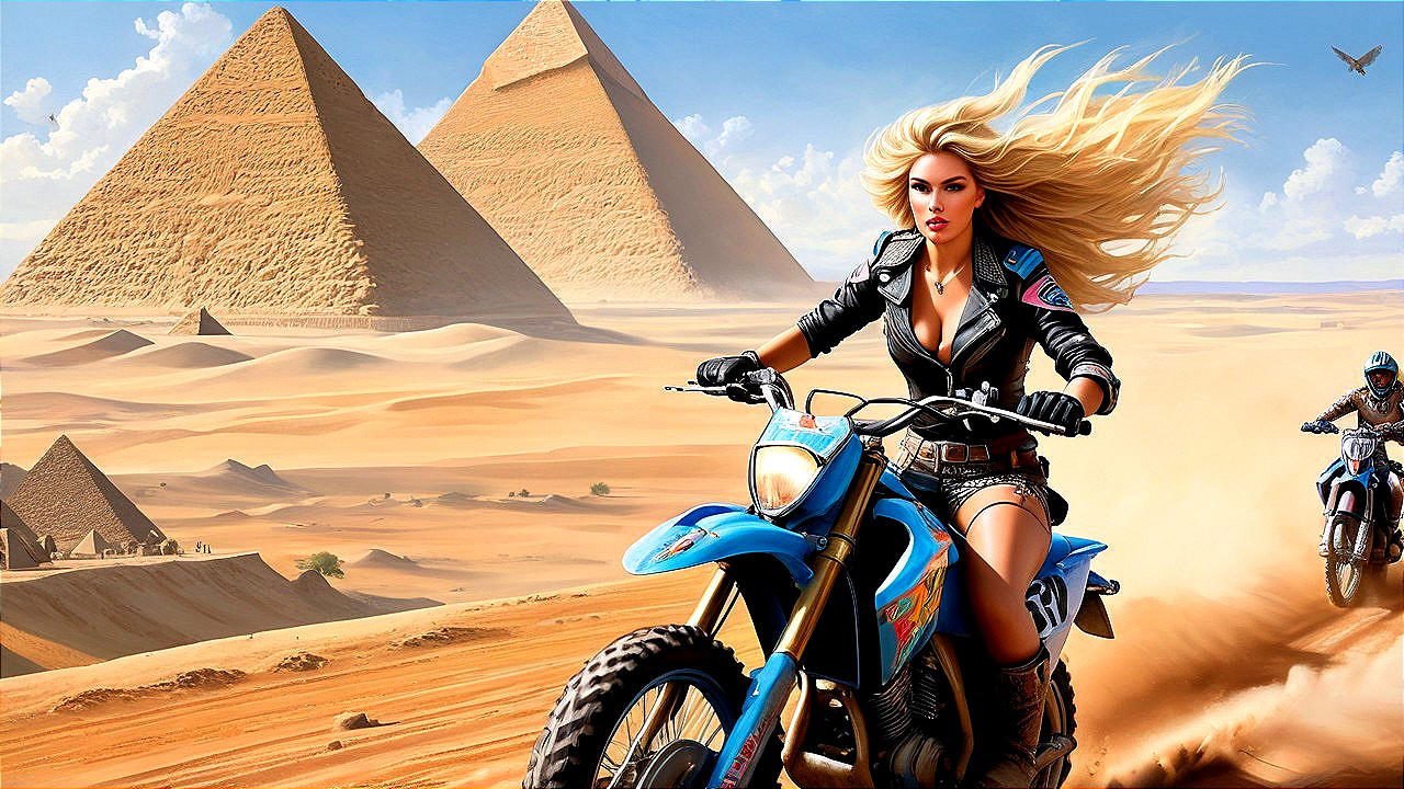 Blonde Woman on Motorcycle in Desert with Pyramids