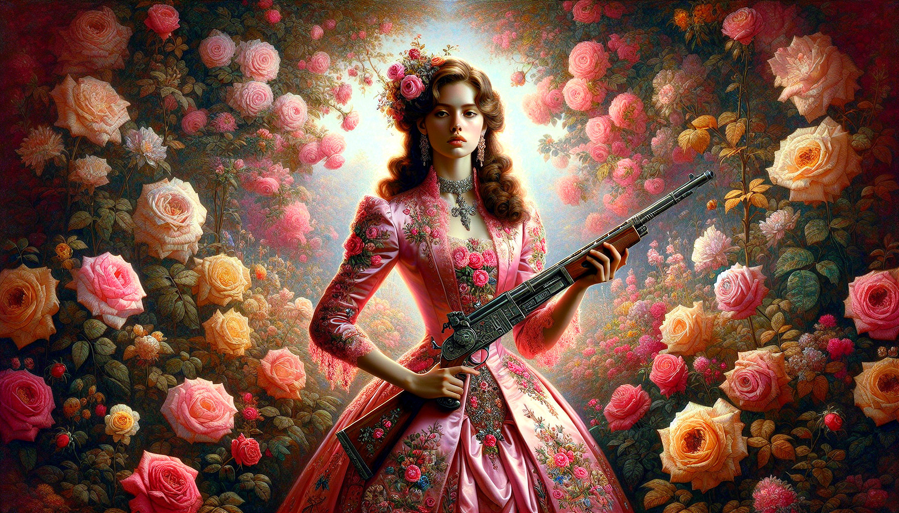 Elegant Figure in Floral Backdrop with Vintage Rifle