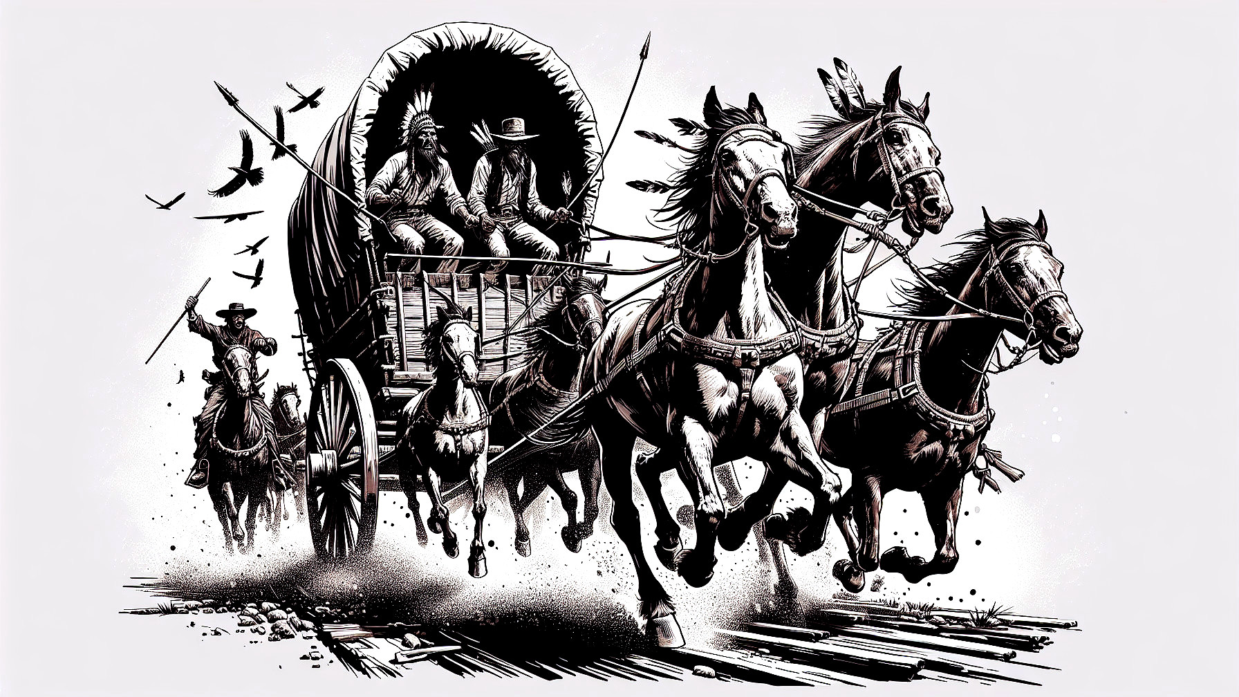 Dramatic scene of a vintage wagon and horses in motion