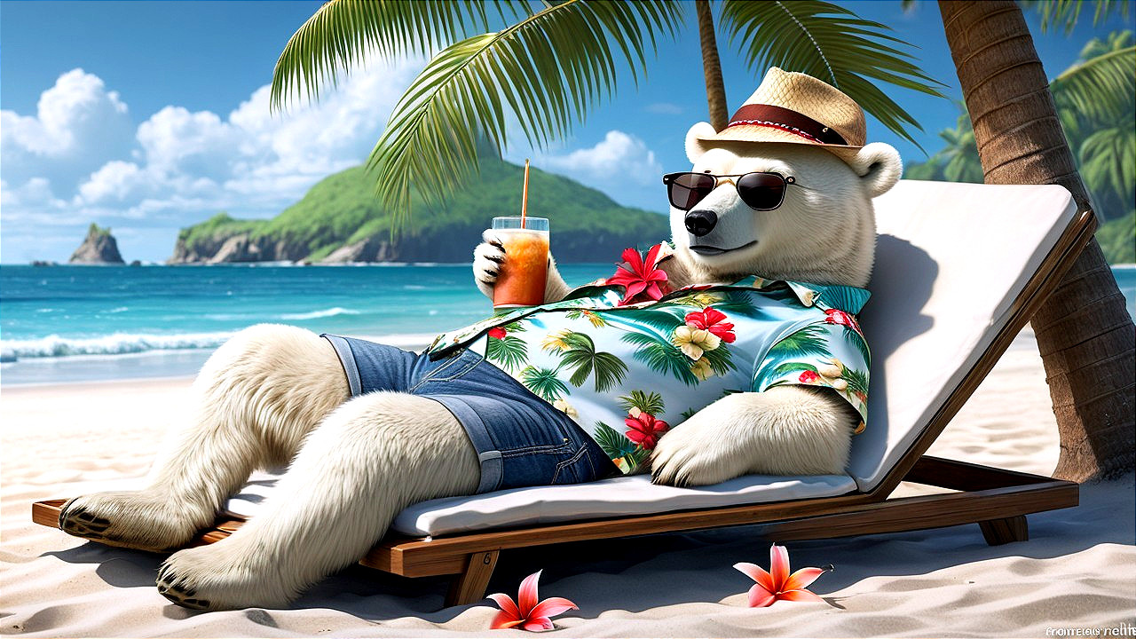 Polar bear relaxing on beach chair with cocktail